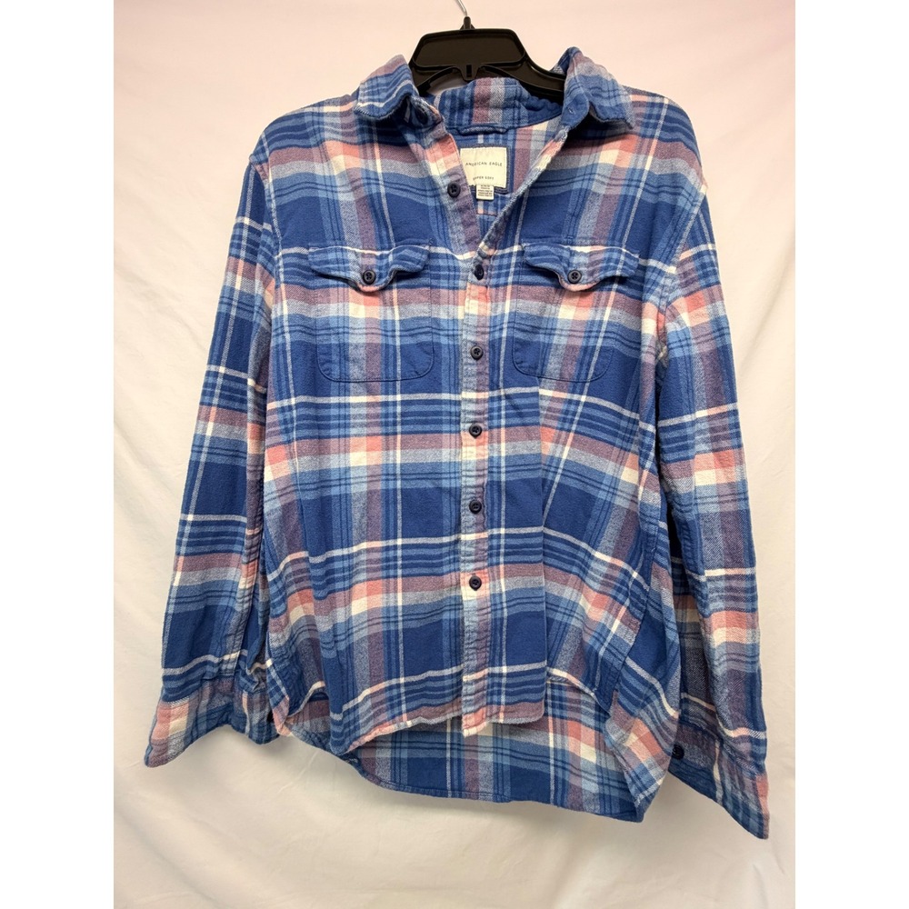 American Eagle Super Soft Flannel Shirt Blue Pink Plaid Long Sleeve Womens M